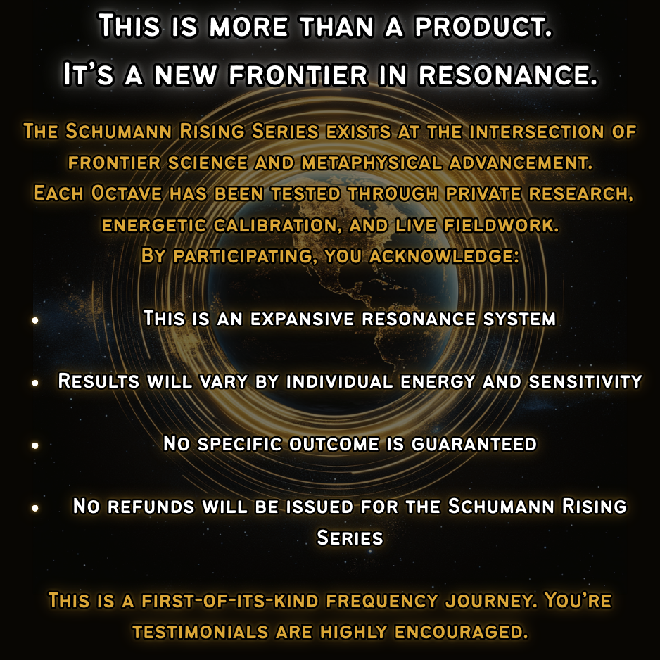 Promotional text for Schumann Rising Series with Earth graphic and resonance design.