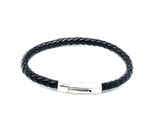 Stainless Clasp Leather Bracelet - Black