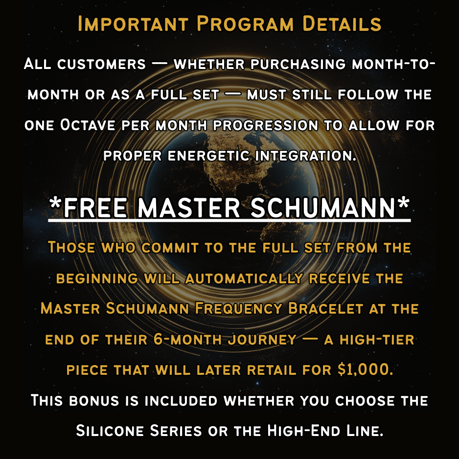 Promotional text about a program, including a free Master Schumann Bracelet that will retail with at $1000 on a cosmic backdrop