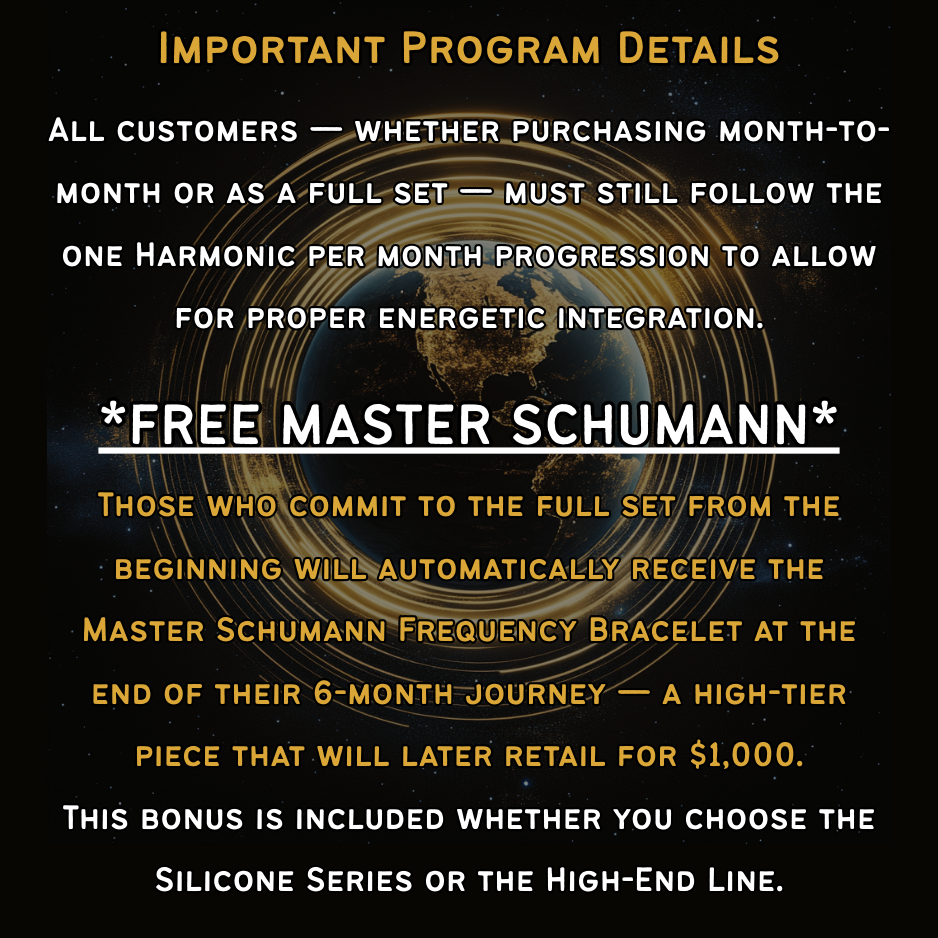 Promotional text about a program, including a free Master Schumann Bracelet that will retail with at $1000 on a cosmic backdrop