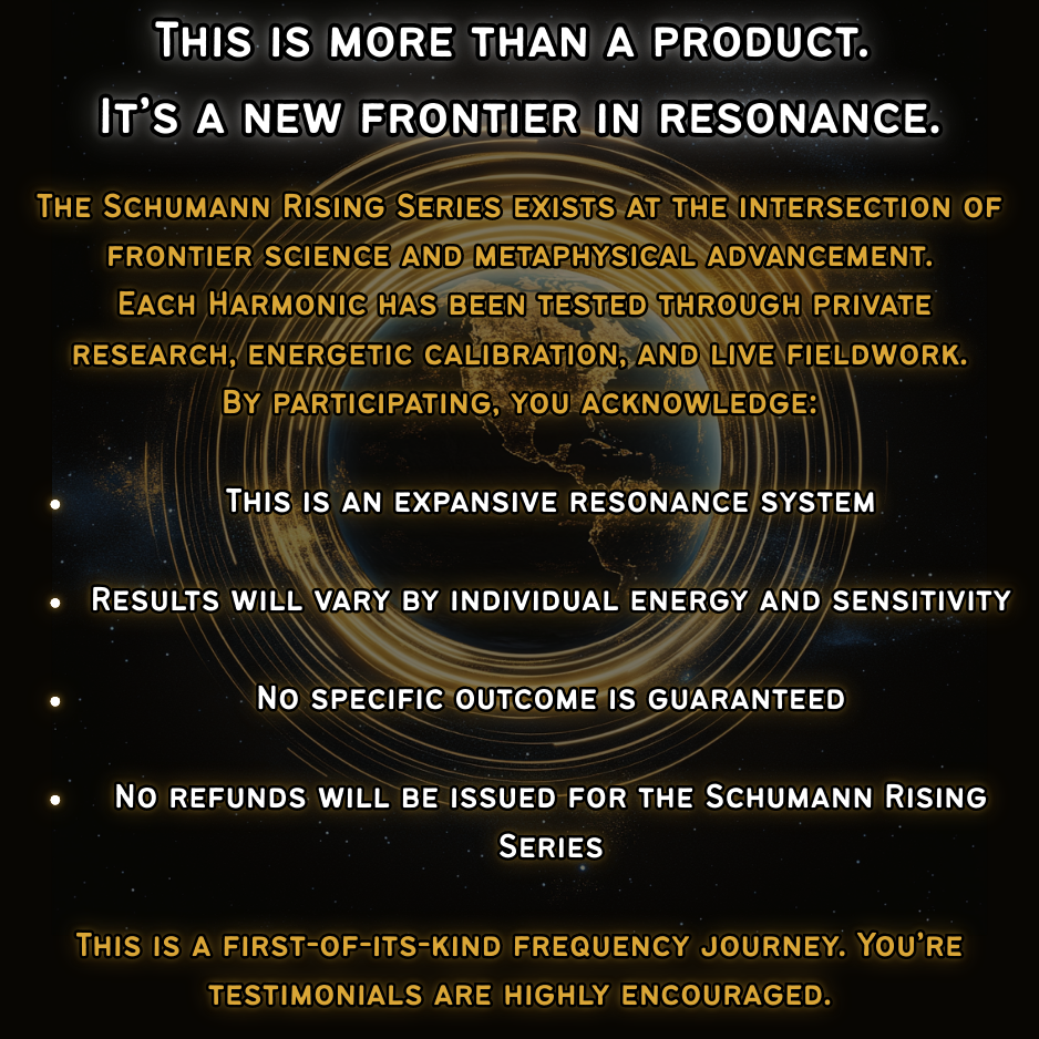 Promotional text for Schumann Rising Series with Earth graphic and resonance design.